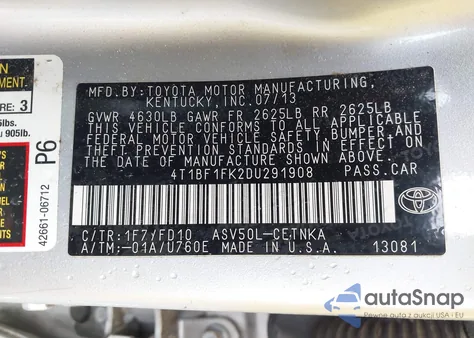 2013 Toyota Camry Le z USA, uszkodzony, nr VIN 4T1BF1FK2DU291908